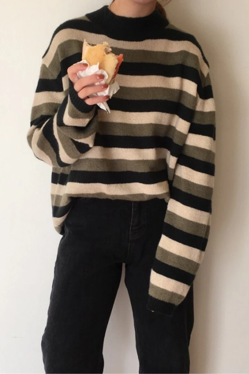 

2 colors 2021 Autumn Winter Women Pullovers And Sweaters Jumper preppy style soft Warm stripe knitted Sweater Female (C9022)