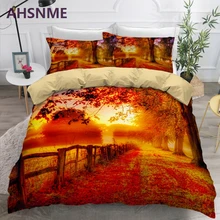AHSNME Forest Path Red Leaves Sunset Setting Bedding Set Digital Print Duvet Cover Leisure Life King Queen Double Quilt Cover