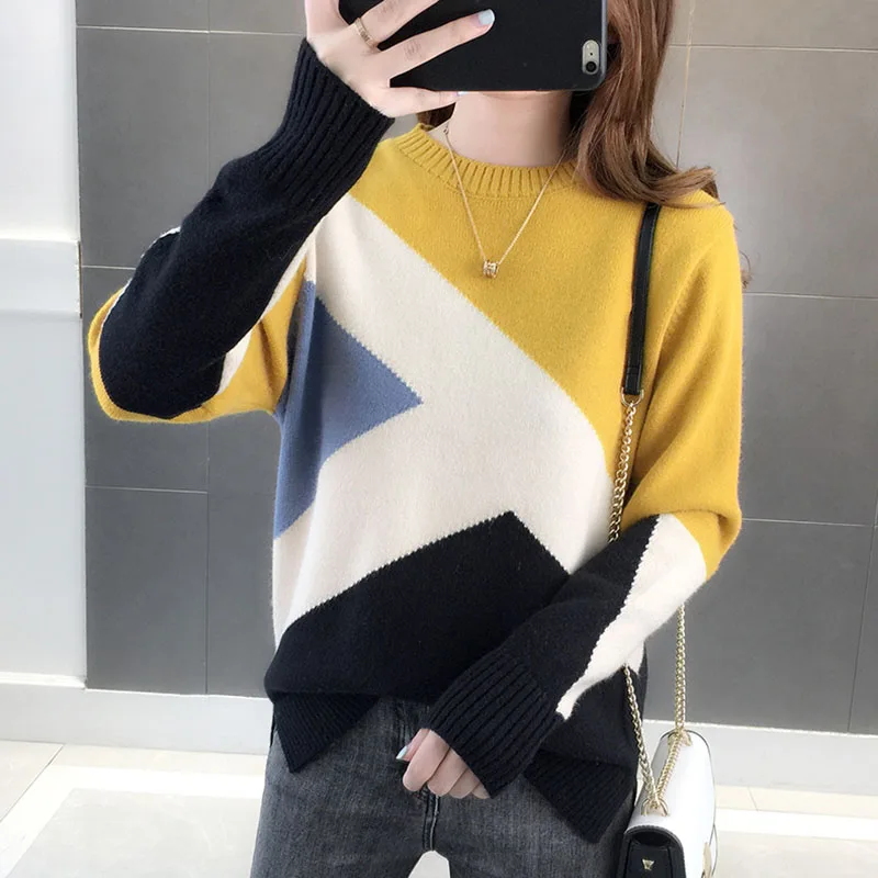 Вязаный женский зимний свитер с длинным рукавом и круглым вырезом Женский