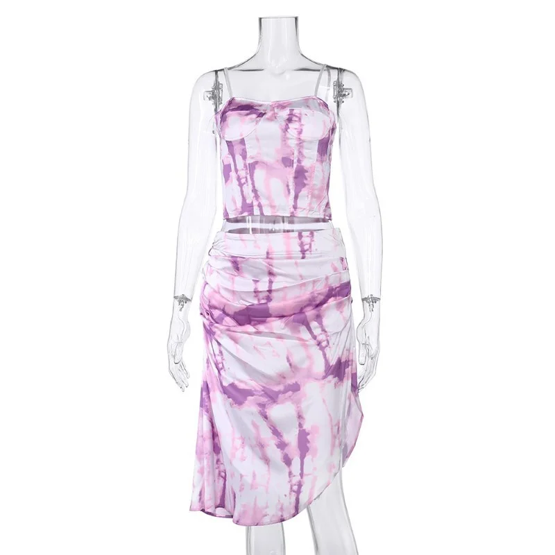 

Purple Tie-dye Backless Sexy Women Ruched Dress Summer Holiday High Split Ladies Midi Dress Corset Sleeveless Sundress 2021 New