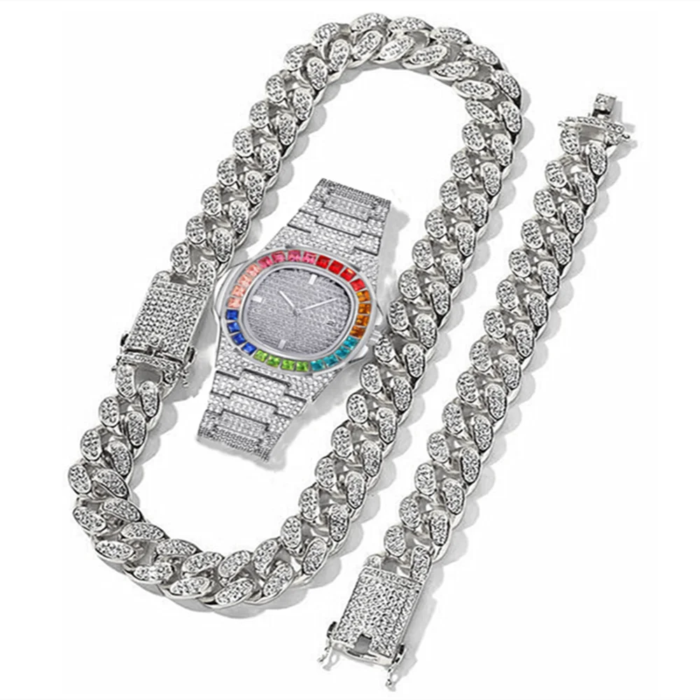 Necklace+Watch+Bracelet Miami Cuban Link Chain Big Gold Iced Out Rhinestone Bling Cubana Mens Hip Hop Jewelry Choker Watches Men | Украшения