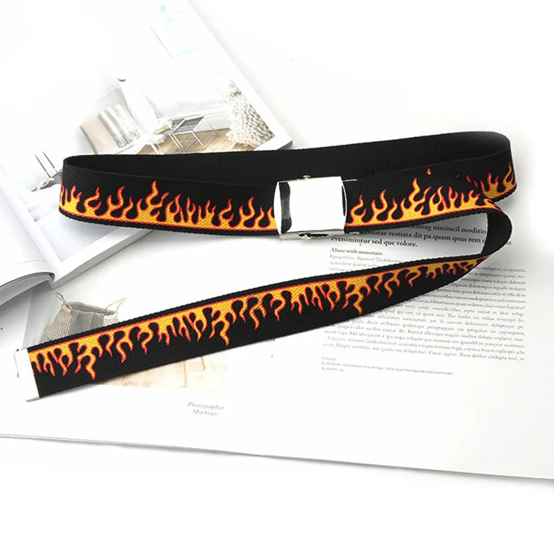 Harajuku Flame Printed Canvas Belts For Women Men Metal Smooth Buckle Waist Strap Jeans Trouser Student Waistband