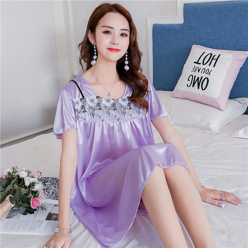 Lace Plus Size M-4XL Nightdress Sexy Sleepwear Nightgowns Night Dress Women Short sleeve Nightwear Faux Silk Satin Nightshirt | Женская