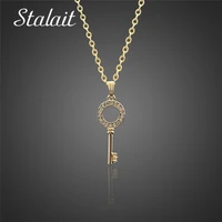new arrival gold color key pendant necklace micro pave rhinestones circle round golden plated chain charm jewelry drop shipping