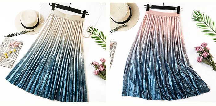 SURMIITRO Warm Velvet Midi Skirt Women Autumn Winter Korean Pink Gradient Ladies High Waist Pleated Long Skirt Female
