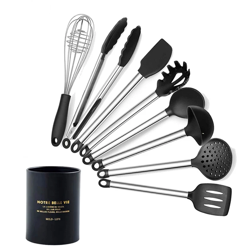 9-pcs kitchen set Новинка, для возраста от 9/13 шт. Кухня силиконовые инструменты для Пособия по кулинарии посуда с деревянной ручкой Кухня набор посуды из нержавеющей стальной ящик для хранения подарок - Цвет: 9-pcs kitchen set