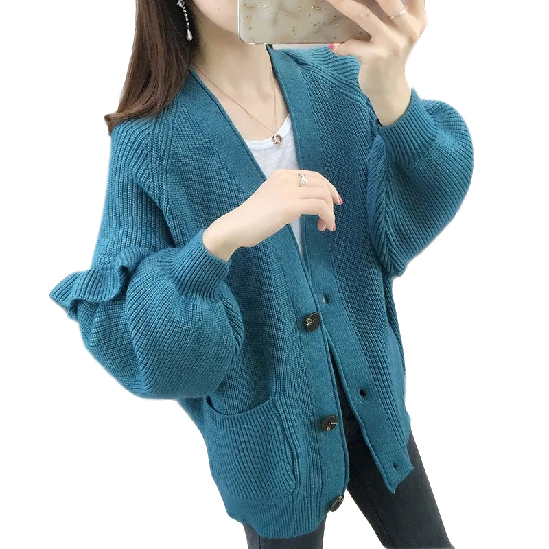 

Lantern Sleeved Knitted Women Sweater And Cardigan Solid Button Loose Casual All Match Female Outwear Coats Tops
