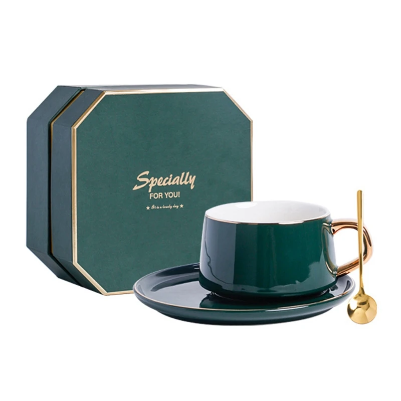 

European Style Delicate Ceramic Coffee Mug Tea Cup with Spoon and Saucer Base Luxury Retro Gift Box Set for Holiday Home Office