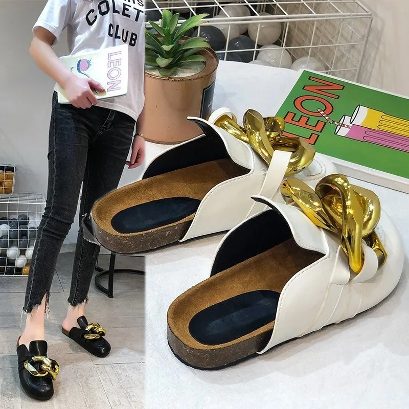 Brand Design Women Slipper Fashion Big Gold Chain Sandals Shoes Round Toe Slip On Mul Flat Heel Casual Slides Flip
