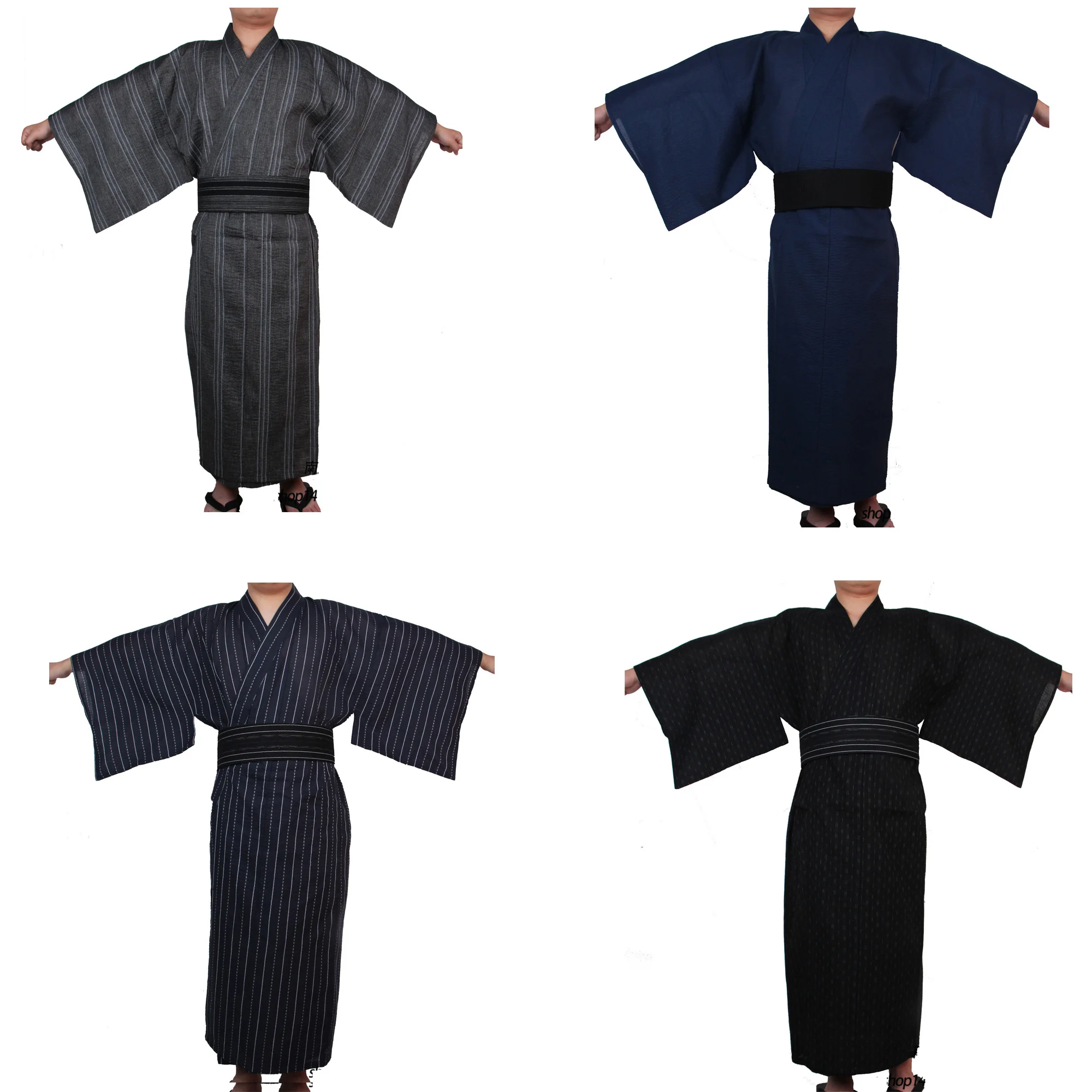 

Japanese Traditional Samurai Kimono For Men Yukata Bathing Robe Hekoobi Loose Style Sauna Wear Homewear Belt Long Gown Cotton