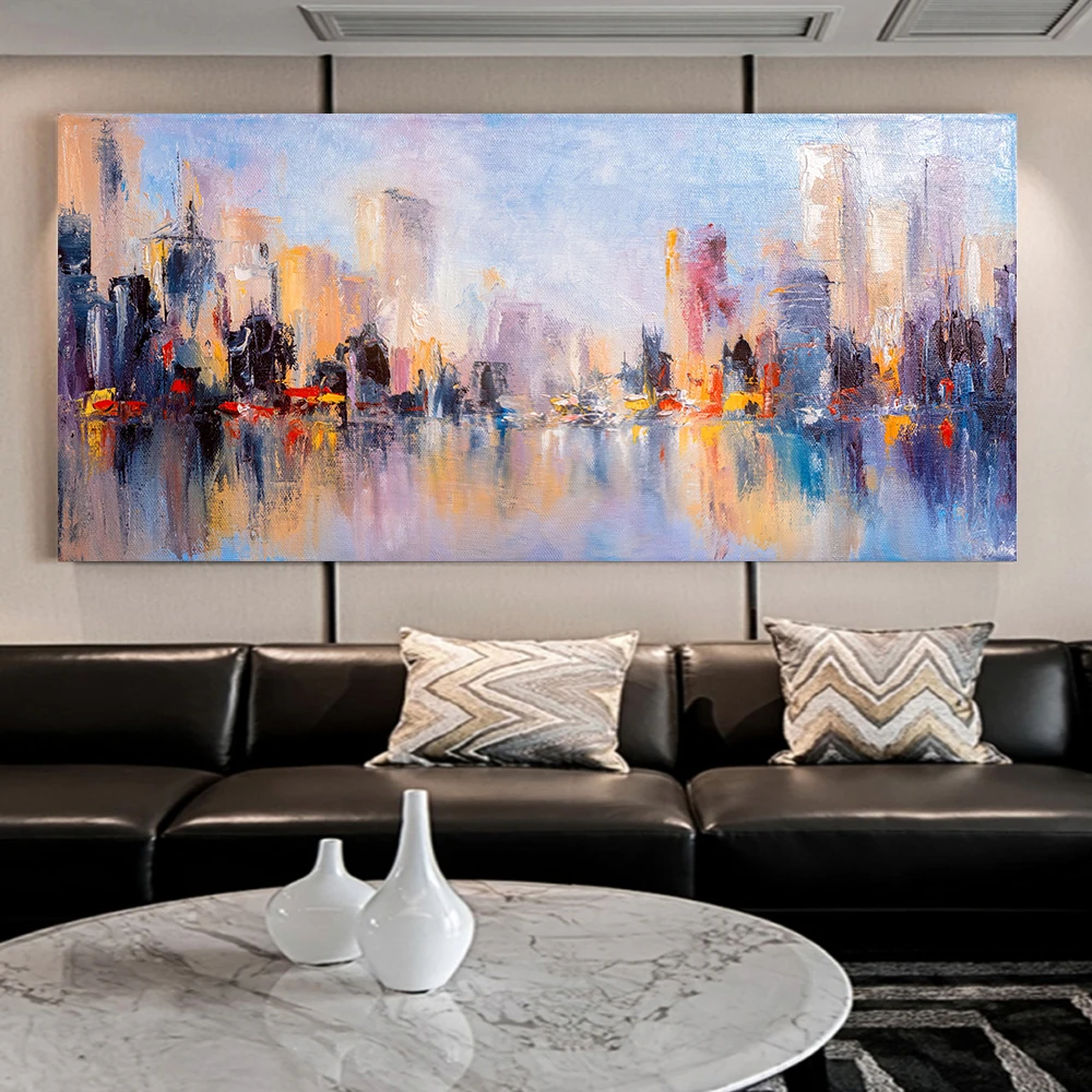 

Abstract City Water Reflection Poster and Print Wall Art Landscape Canvas Oil Painting Art Picture for Living Room Home Decor