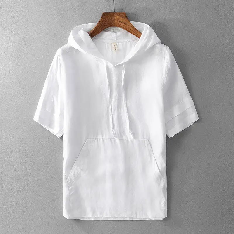 Японская свежая хлопковая льняная толстовка с коротким рукавом мужская