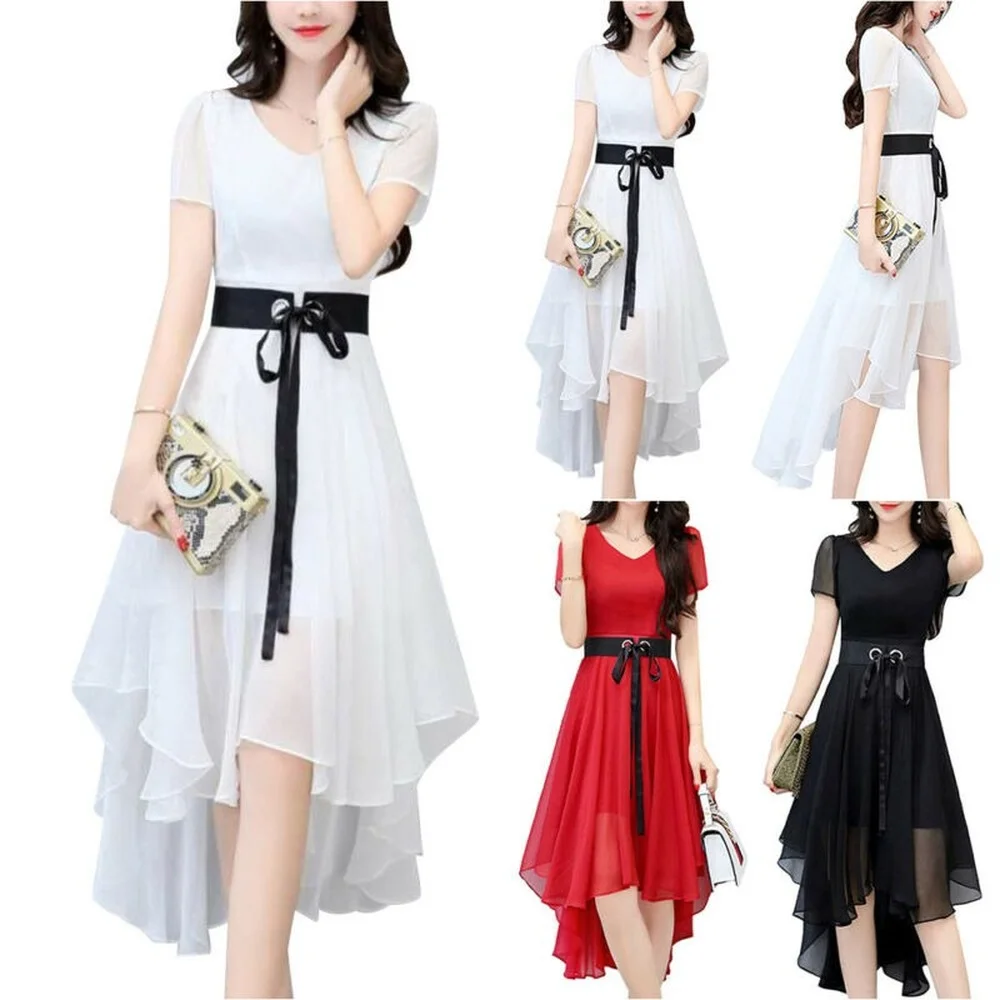 

Women Summer V Neck Short Sleeve Ireegular Hem Ruffles Midi Chiffon Dress Beach