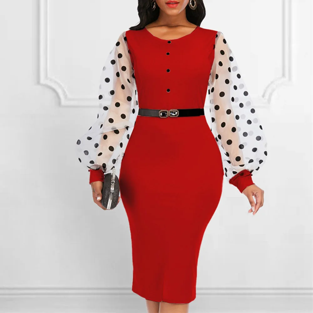 

Summer Round Neck Splicing Perspective Long Sleeve Dots Organza High Waist Buttocks Oversize 2021 Women's Dress