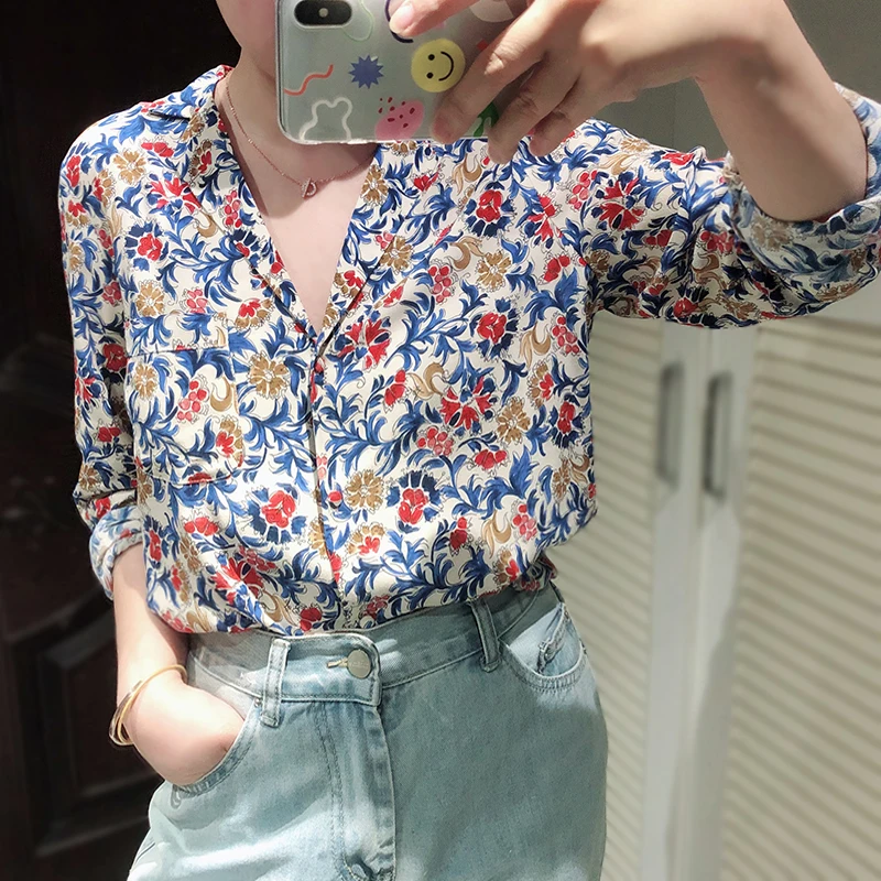 Рубашка Для женщин Цветочный принт с длинным рукавом новый фигурным вырезом