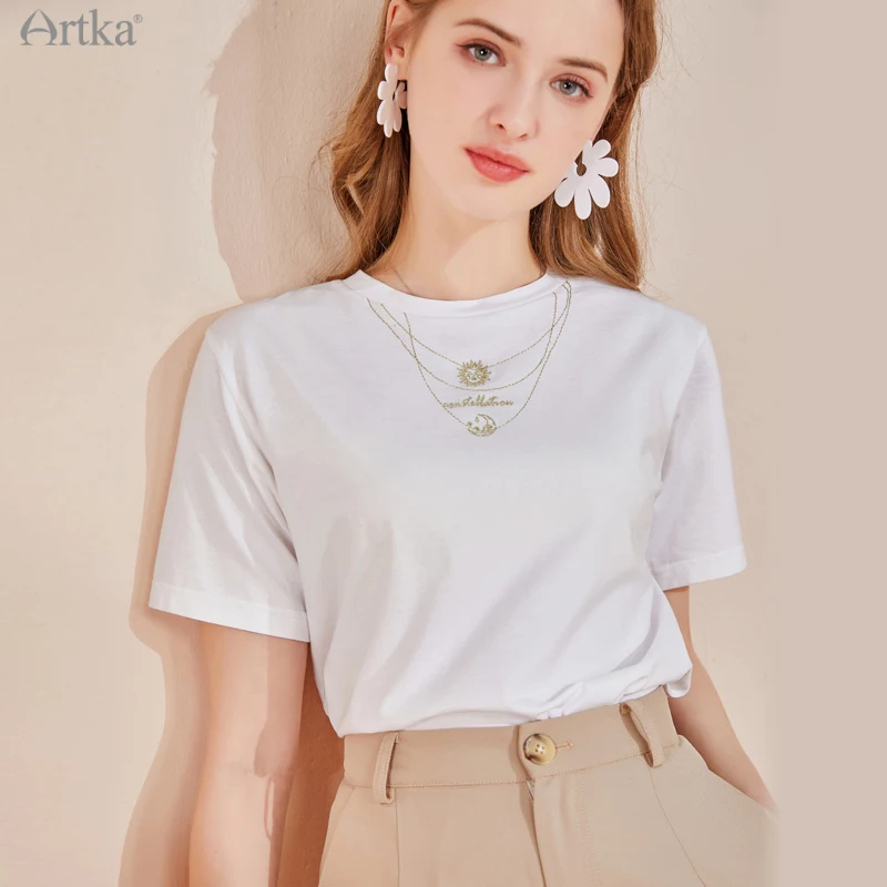 

ARTKA 2021 Summer New Women T-shirt 100% Cotton Fashion Necklace Embroidery T-shirts Short Sleeve O-Neck White T-shirt TA25114X