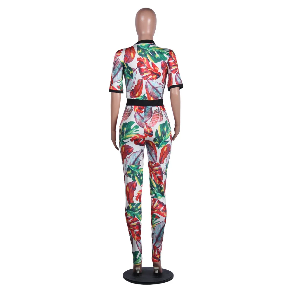 Women Print Zip fashion Jumpsuit Sexy Short Sleeve Elegant Rompers Autumn Spring Bodycon Club Playsuit Long Overalls Plus Size