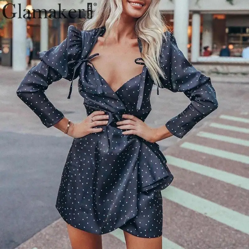 Glamake/атласное платье в горошек с запахом, с асимметричным воротником, на шнуровке, с пышными рукавами, вечерние платья, женское осеннее тонкое Элегантное короткое платье