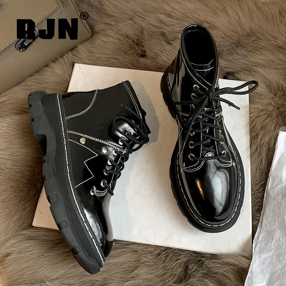Jual RJN Bergaya Pergelangan Kaki Sepatu Bot Kulit Sapi Berkualitas Tinggi Round Toe Lace-Up Sepatu Wanita Musim Gugur Kasual Platform Sepatu Bot Hitam Dasar RO328