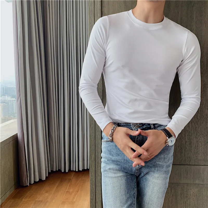 

men's clothing han edition round collar cotton long sleeve T-shirt comfortable tight render of pure color T-shirt