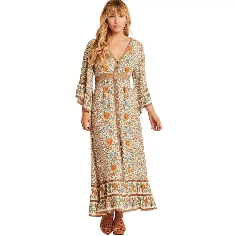 Boho платье Птицы Цветочный Принт летние платья Империя талии кисточки связали v-образным вырезом chic vestido оборками рукав длинное платье для женщин