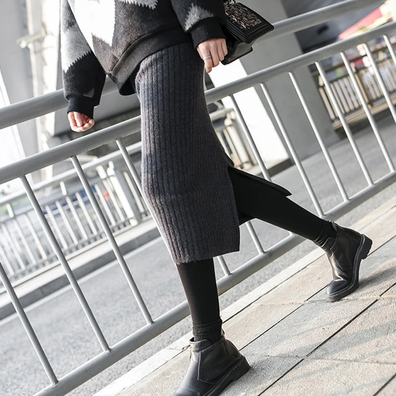 Женская Повседневная трикотажная юбка 2019 с высокой эластичной талией и разрезом