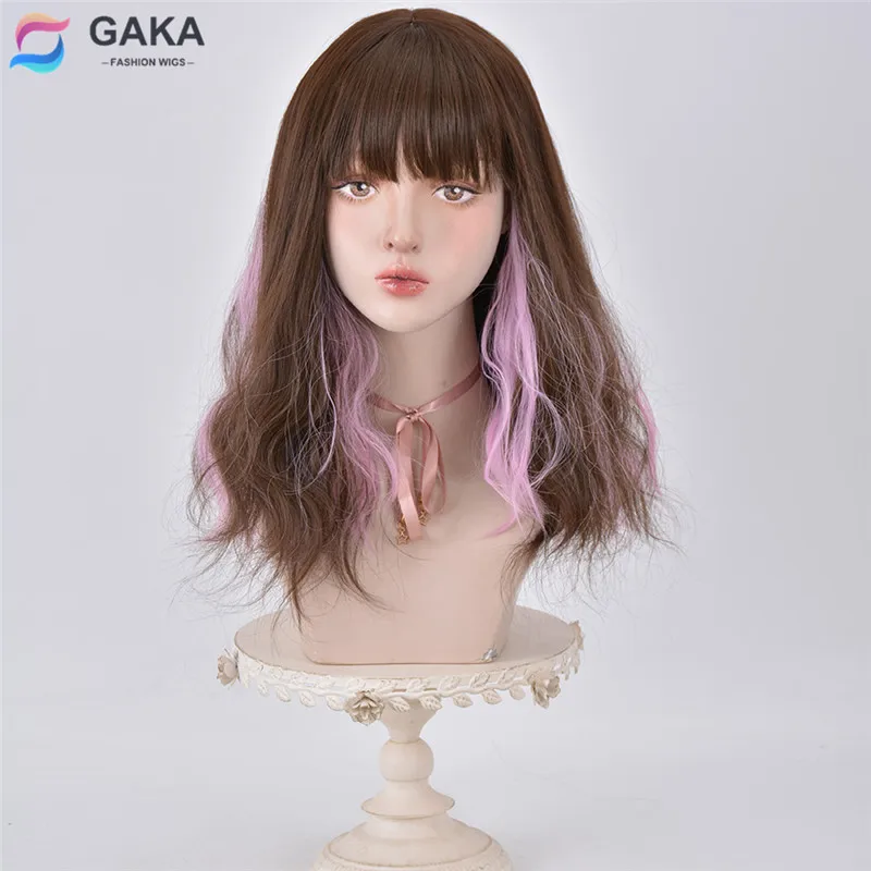

GAKA Synthetic Mixed Brown Purple Color Wavy Wigs for White Black Women Natural Cosplay Hair Daily Lolita Ombre Wig with Bangs