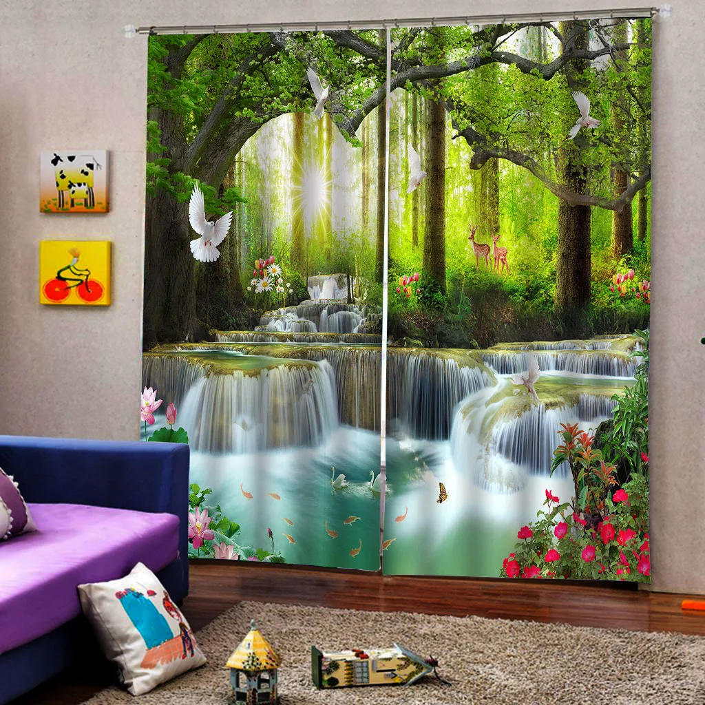 Роскошные затемняющие 3D оконные шторы с зеленым лесом и водопадом для гостиной
