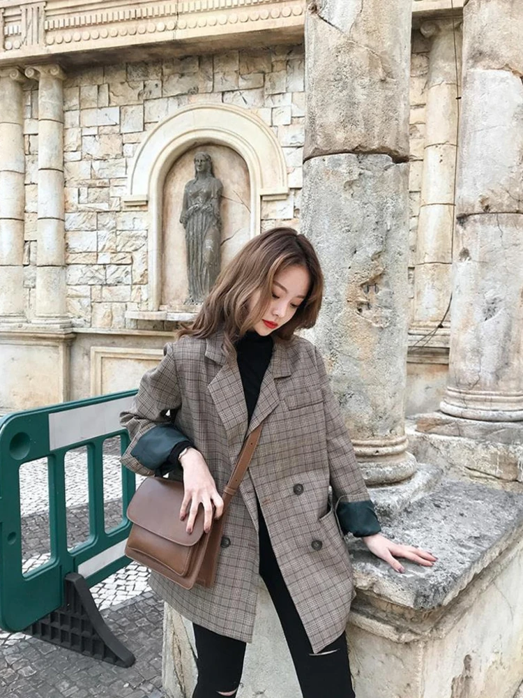 Весенне осенний винтажный двубортный офисный женский клетчатый блейзер с