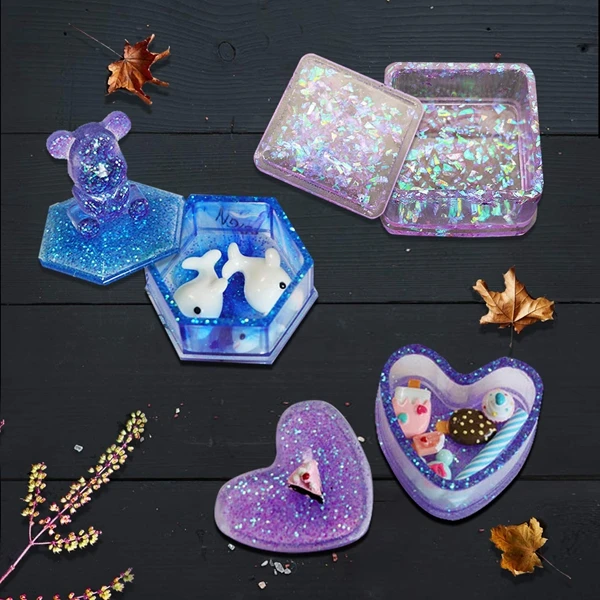 

Box Resin Molds, Jewelry Box Molds with Heart Shape Silicone Resin Mold, Hexagon Storage Box Mold and Square Epoxy Molds for Mak
