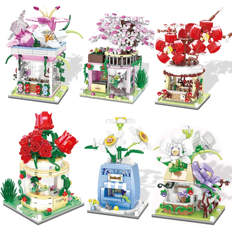 

DIY Plant Potted Rose Orchid Lily Plum Flower Blossom Building Blocks With Figures Landscape Model Bricks Toys for Girls Gifts