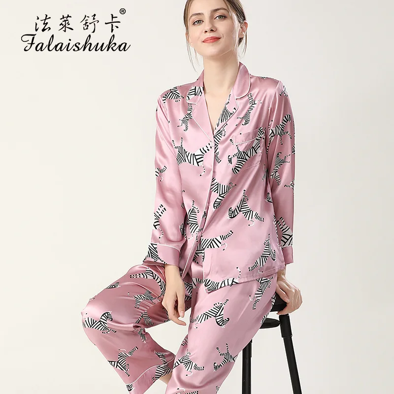 19 momme Sexy Zebra 100% silk pajamas sets women Elegant long sleeve pyjamas sets women Noble silk sleepwear