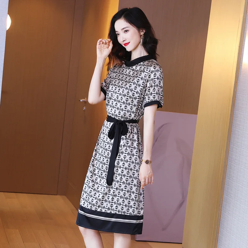 

Hangzhou Heavy Mulberry Silk Dress Women's Summer 2021 New Big Brand Sashes Young Satin Silk Dress Wholesale