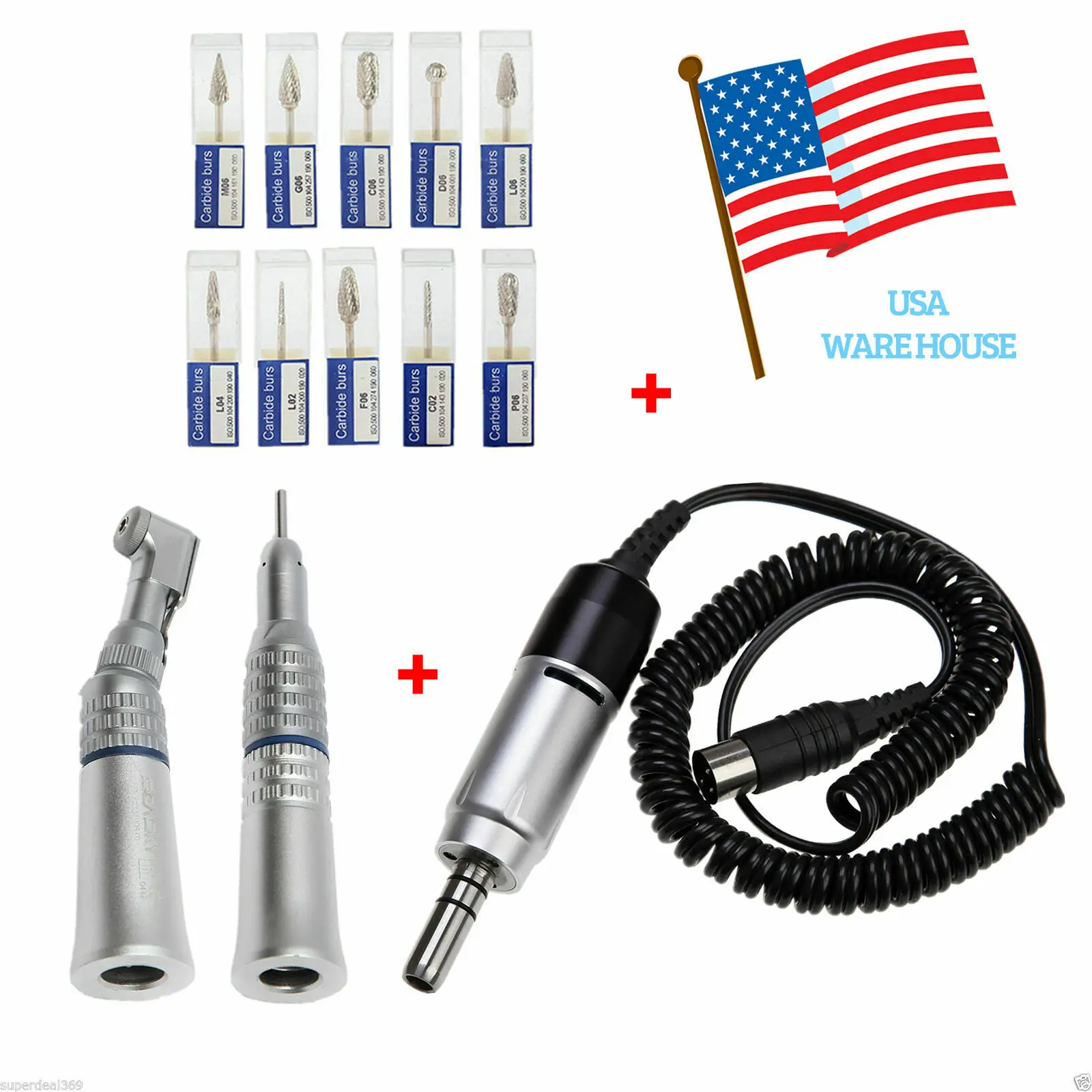 Dental Contra Angle Straight Handpiece Micromotor Electric E-type Motor+10PCS Tungsten  Carbide Drill Burs