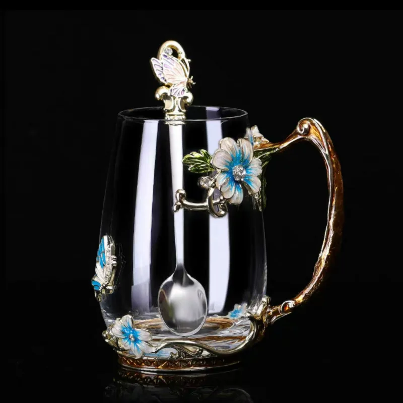 1 cup 1 spoon blue H Красота и Новинка эмалированная кофейная чашка кружка цветочный чай стеклянные чашки для горячих и холодных напитков чайная чашка ложка Набор идеальный свадебный подарок - Цвет: 1 cup 1 spoon blue H