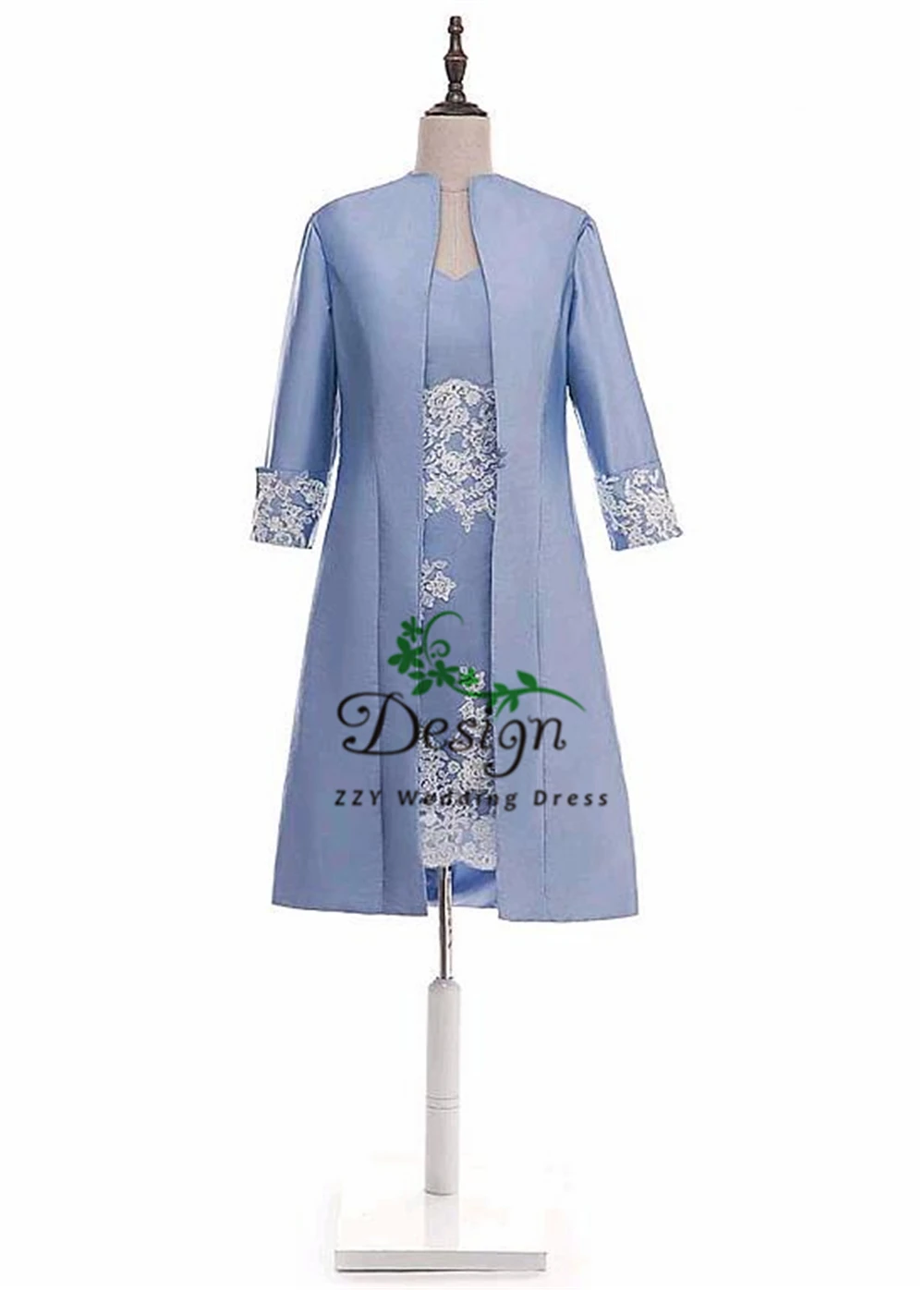 

Sky Blue Vestido De Festa Longo Da Noiva 3/4 Sleeves Spaghetti Straps Lace Appliqued Short Women's Wedding Mother's Dresses