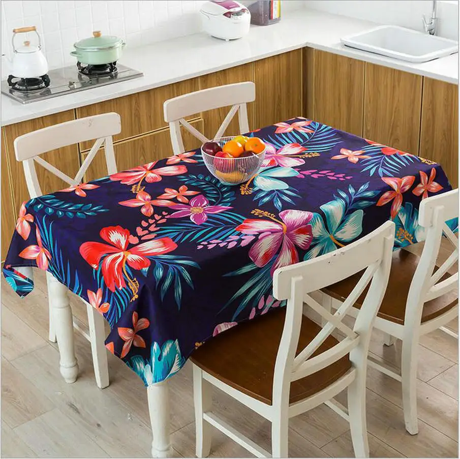 

Floral Tablecloths Waterproof Dining Coffee Table Covers Tropical Flowers Plants Dust-Proof Fabric Home Colorful Tablecloth Blue
