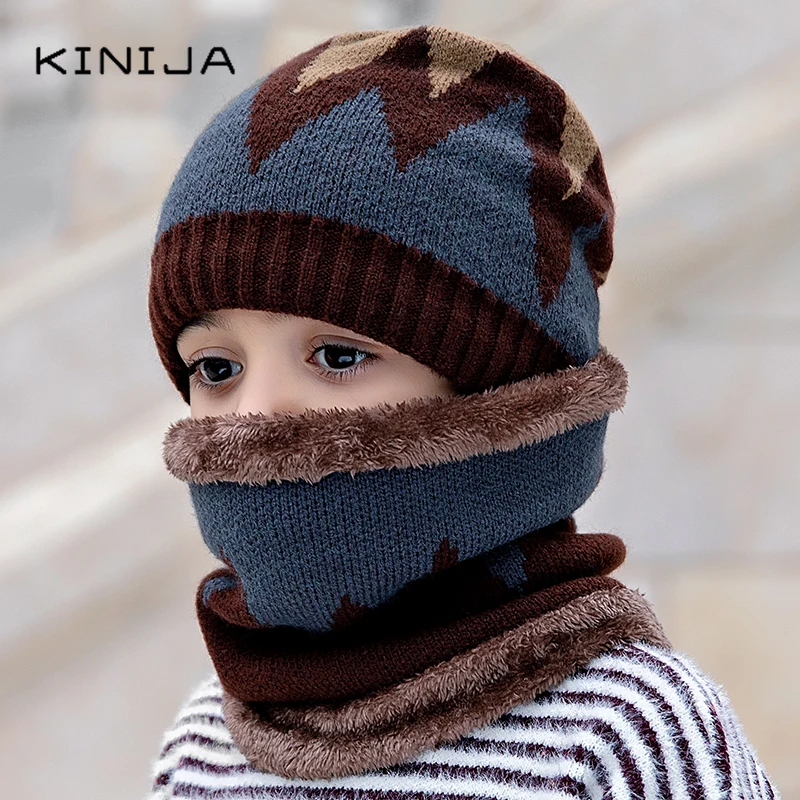 Russian Winter Skullies Beanies Hats child Hat Scarf Suit Wool Knitted Warm Thicken Bonnet Beanie Outdoor Riding ski Sets