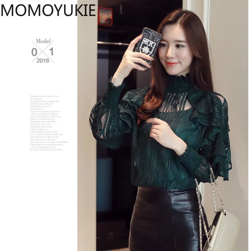 

Ruffle Lace Nine Quarter Sleeve blouse shirt 2021 Women Clothing Hollow Out floral Women Blouse Female Tops Elegant blusa