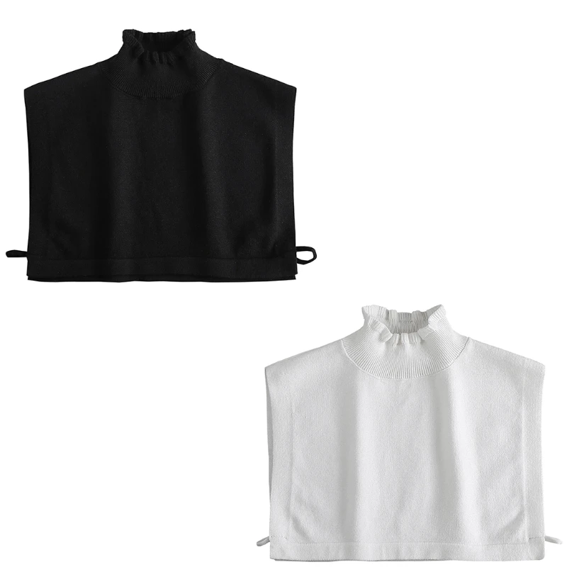 

Women Winter Ribbed Turtleneck False Collar Ruffled Mock Blouse Solid Color Knit Detachable Dickey Half Top Pullover Neck G5AE