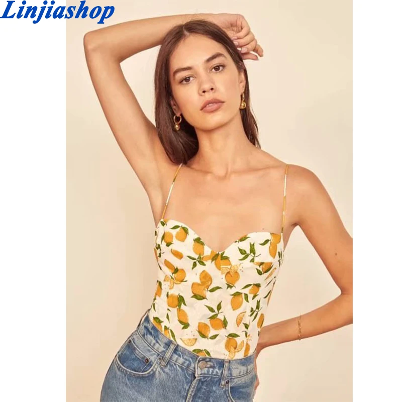 Топ Женский приталенный с винтажным принтом лимона модная желтая майка на