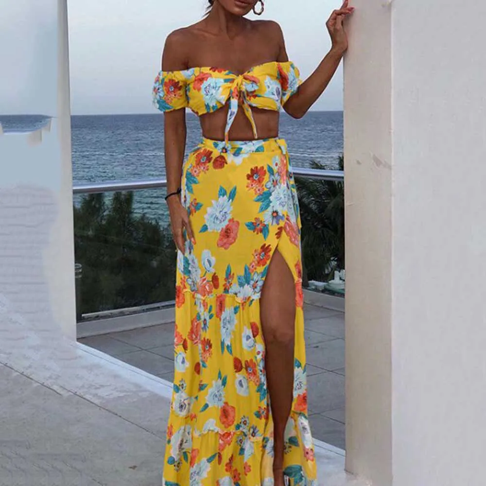 

Boho Women Two Piece Sets Short Sleeves Floral Print Sexy Off Shoulder Long Skirts Split Beach Vacation Fashion Female Set 2021
