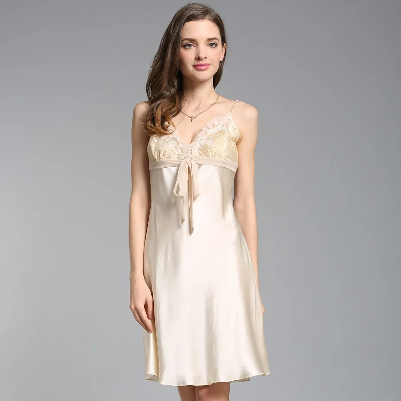 

Summer Ms 100% Pure Silk Sexy Embroidery Silk Pajamas Sling Nightdress
