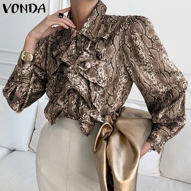 

Lady's Office Shirts Women Print Beach Tops Lapel Collar Puff Sleeve Shirts 2021 VONDA Female Button Up Pleated Casual Blouse