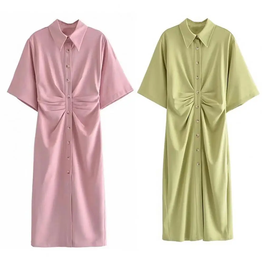 

Summer Women Midi Dress Turn-down Collar Cloth Short Sleeve Elegant Dresses Plus Size Straight Dress Dating