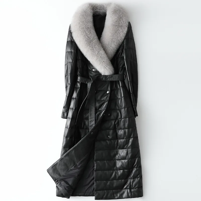 Black Real Sheepskin Jackets Womens Genuine Leather Fox Fur Collar Lady Long Down Jacket with Sashes Abrigo De Mujer Chino