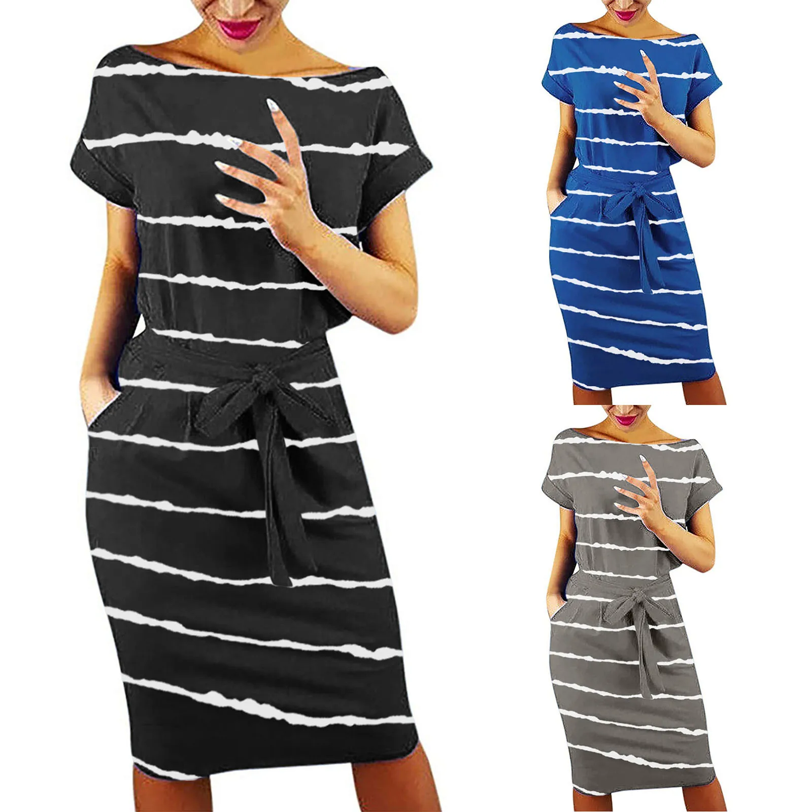

Summer Women's Dress 2021 Short Sleeve Striped O-Neck Dress Casual Pocket Knee-Length Skirt Evening Party Mini Dress vestidos