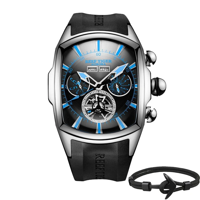Топ бренд Reef Tiger Reloj Hombre Роскошные Tourbillon циферблат автоматические часы с резиновым ремешком механические водонепроницаемые мужские часы даты Relogio Masculino+ подарок - Цвет: RGA3069-YBBL Box