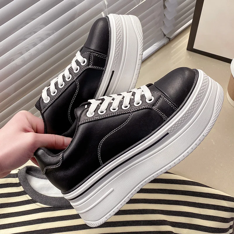 

Genuine Leather White Shoes Women Platform Sneakers Black 2021 Spring New Female Casual Shoes Comfortable Sneakers High Heel
