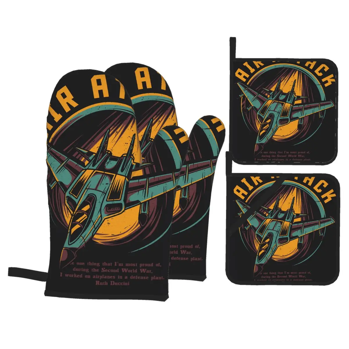 

4 Set of Kitchen Gloves Insulation Air Attack Illustration Pad Cooking Microwave Gloves Baking BBQ Oven Potholders Mitts